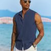 Mens Sleeveless Summer Shirts Beach Tank Tops Button Up Textured Tank Shirt for Vacation