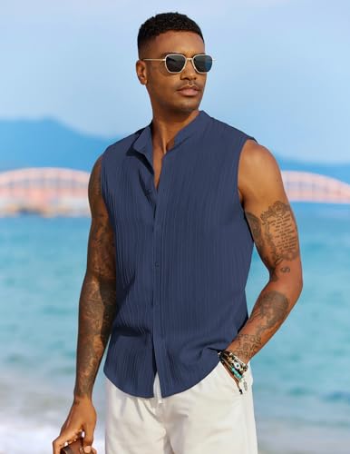 Mens Sleeveless Summer Shirts Beach Tank Tops Button Up Textured Tank Shirt for Vacation