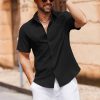 Men's Button Down Short Sleeve Shirt Casual Cotton Summer Beach Linen Wedding Shirts with Pocket