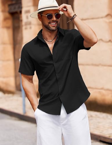 Men's Button Down Short Sleeve Shirt Casual Cotton Summer Beach Linen Wedding Shirts with Pocket