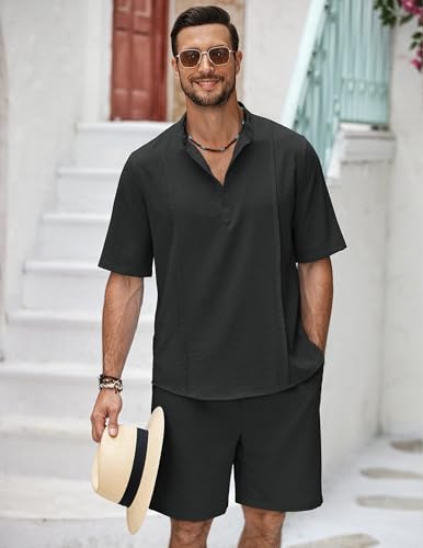 Men's 2 Pieces Linen Set Henley Shirt Short Sleeve and Shorts Summer Beach Yoga Matching Outfits