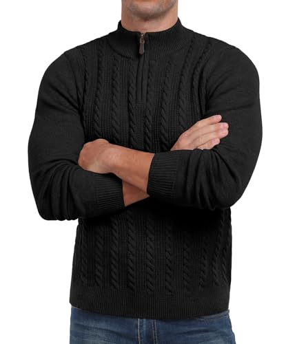 Men's Quarter Zip Sweater Cable Knit Mock Turtleneck Sweater Long Sleeve Soft Casual Pullover Sweater