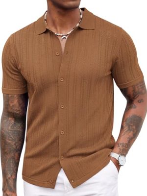 Men's Knit Shirts Short Sleeve Button Down Polo Shirt Crochet Casual Vintage Summer Beach Shirts