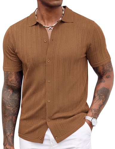 41ZOtMF-EtL.jpg Men's Knit Shirts Short Sleeve Button Down Polo Shirt Crochet Casual Vintage Summer Beach Shirts