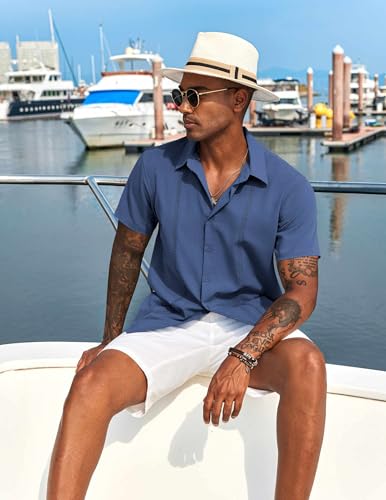 41a8w43e94L.jpg Mens Cuban Guayabera Short Sleeve Shirt Casual Summer Beach Tops Button Down Untucked Shirts