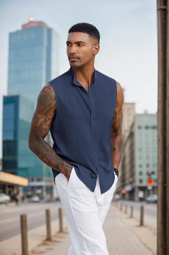 Mens Sleeveless Summer Shirts Beach Tank Tops Button Up Textured Tank Shirt for Vacation