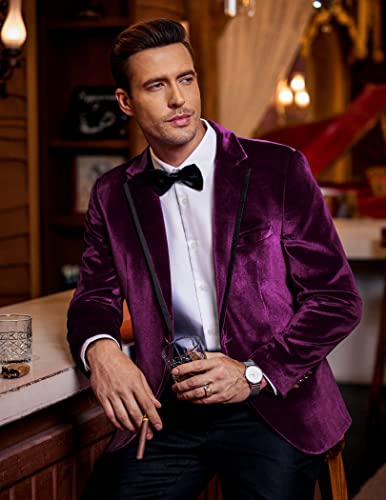 Men's Velvet Blazer Notched Lapel One Button Velour Tuxedo Jacket for Prom Wedding Party Dinner