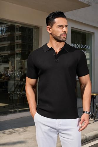 Mens Slim Fit Knit Polo Shirts Business Lightweight Polo Sweater Casual Summer Ribbed Textured Collared T Shirt