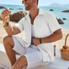 Mens Button Down Shirt Short Sleeve Casual Shirts Beach Summer Linen Shirts Wedding Vacation Shirt