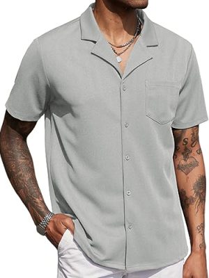 Men's Wrinkle Free Untucked Cuban Shirt Business Casual Button Down Shirts Short Sleeve Shirt