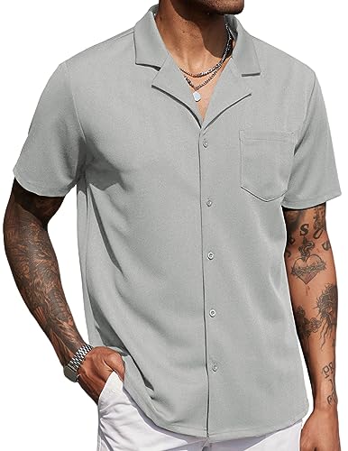 Men's Wrinkle Free Untucked Cuban Shirt Business Casual Button Down Shirts Short Sleeve Shirt