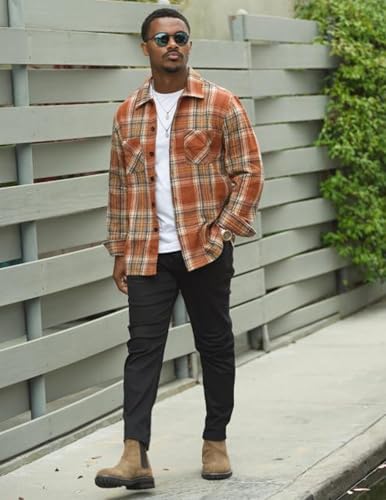 Men's Flannel Shirts Casual Button Down Plaid Shirt Jacket Long Sleeve Fleece Shacket with Pockets