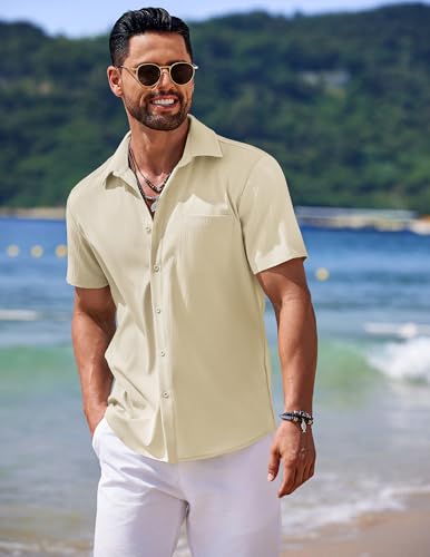 Men's Casual Short Sleeve Button Down Summer Beach Shirt Lightweight Textured Wrinkle Free Untucked Shirts