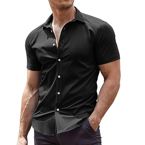 41c8rh4kBfL.jpg Men's Muscle Fit Dress Shirts Wrinkle-Free Short Sleeve Casual Button Down Shirt