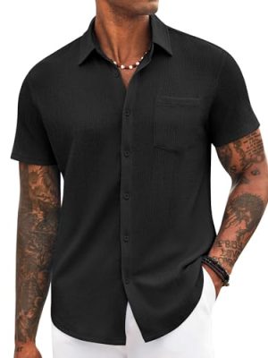 Mens Casual Button Down Shirt Short Sleeve Textured Shirt Summer Beach Vacation Shirts with Pocket
