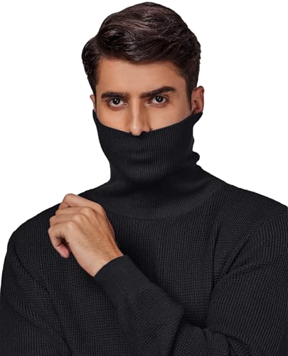 Mens Turtleneck Sweater Waffle Knit Long Sleeve Pullover Sweaters Solid Thermal Casual Pullovers