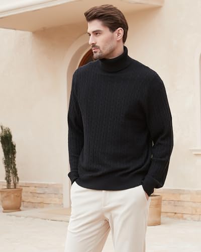 Men's Turtle Neck Pullover Wool Blend Lightweight Cable-Knit Pullover Sweater