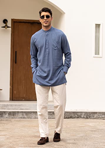 41hBSjfBQcL.jpg Men's Linen Henley Shirts Long Sleeve Collarless T-Shirts Longline Kurta Beach Shirts with Pocket