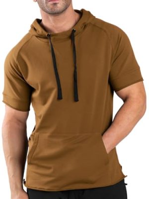 Men's Short Sleeve Hoodie Workout Gym Sweatshirt Muscle Fit Fashion Athletic Hoodies Pullover Cotton Hooded T-Shirts