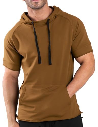 Men's Short Sleeve Hoodie Workout Gym Sweatshirt Muscle Fit Fashion Athletic Hoodies Pullover Cotton Hooded T-Shirts