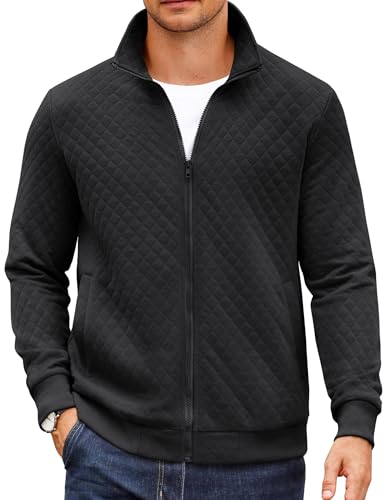 Mens Zip Up Sweatshirt Mock Neck Quilted Jacket Casual Lightweight Sweater Jackets with Pocket