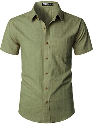 Men's Fitted Cotton Like Linen Casual Short Sleeve Button Up Shirts Lightweight Beach Tops with Pocket