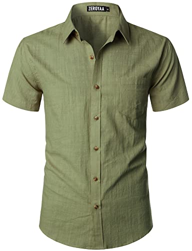 Men's Fitted Cotton Like Linen Casual Short Sleeve Button Up Shirts Lightweight Beach Tops with Pocket