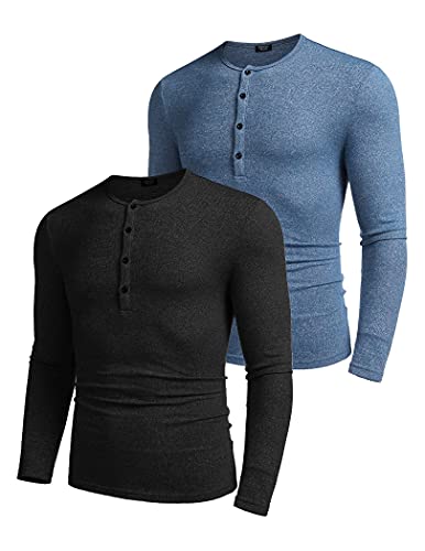 Men's 2Pack Slim Fit Henley Shirts Long Sleeve Lightweight Fashion Casual Cotton Basic T Shirts