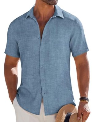 Mens Button Down Short Sleeve Shirt Casual Beach Shirt Summer Vacation Textured Shirts