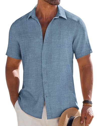 Mens Button Down Short Sleeve Shirt Casual Beach Shirt Summer Vacation Textured Shirts