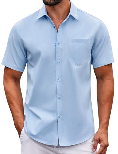 Mens Casual Button Down Shirts Short Sleeve Summer Untucked Dress Shirt with Pocket