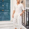 Men's 2 Pieces Linen Set Henley Shirt Short Sleeve and Harem Capri Pants Wide Leg Baggy Beach Yoga Trousers Outfits