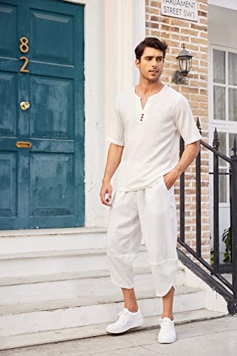 Men's 2 Pieces Linen Set Henley Shirt Short Sleeve and Harem Capri Pants Wide Leg Baggy Beach Yoga Trousers Outfits