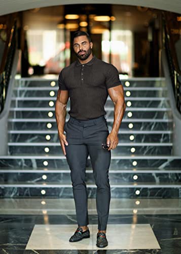 41mOpQbODFL.jpg Collared Muscle Polo Shirts Men Slim Fit Textured Knit Polo Shirts Short Sleeve Button Down Shirts Casual Stylish
