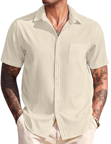 Men's Casual Short Sleeve Button Down Summer Beach Shirt Lightweight Textured Wrinkle Free Untucked Shirts