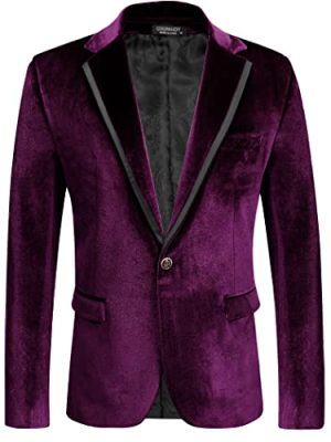 Men's Velvet Blazer Notched Lapel One Button Velour Tuxedo Jacket for Prom Wedding Party Dinner