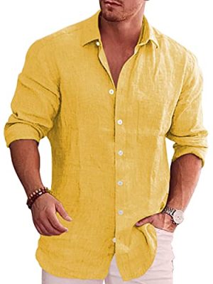 Men's Casual Button Down Shirt Long Sleeve Linen Chambray Shirt