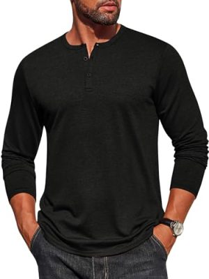 Mens Henley Shirt Long Sleeve Casual Stretch Solid T-Shirts Fashion Pullover Lightweight Fall Tops