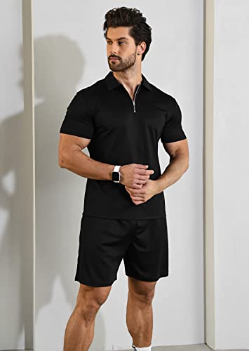 Mens Short Sleeve Casual Polo Shirt and Shorts Sets Two Piece Summer Outfits Zip Polo Tracksuit Set for Men S-XXL