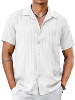 Men's Short Sleeve Casual Button Down Shirts Textured Summer Beach Shirt with Pocket