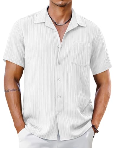 Men's Short Sleeve Casual Button Down Shirts Textured Summer Beach Shirt with Pocket