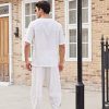 Men's 2 Pieces Linen Set Henley Shirt Short Sleeve and Harem Capri Pants Wide Leg Baggy Beach Yoga Trousers Outfits