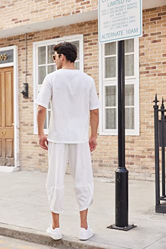 Men's 2 Pieces Linen Set Henley Shirt Short Sleeve and Harem Capri Pants Wide Leg Baggy Beach Yoga Trousers Outfits