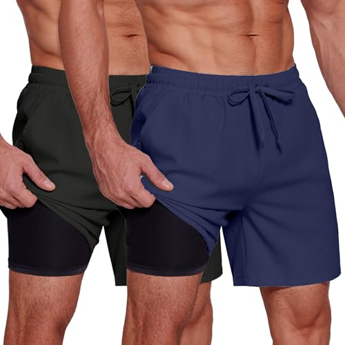 Men's 2 in 1 Running Shorts 2 Pack Athletic Shorts Quick Dry Gym Training Workout Shorts with Pockets