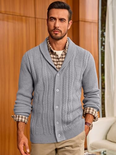 Mens Shawl Collar Cardigan Sweater Cable Knit Button Down Sweaters Long Sleeve Casual Winter Outwear