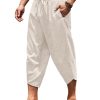 41qLTTaY5LL.jpg Men's Linen Harem Capri Pants Lightweight Loose 3/4 Shorts Drawstring Elastic Waist Casual Beach Boho Yoga Trousers