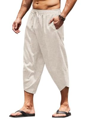 Men's Linen Harem Capri Pants Lightweight Loose 3/4 Shorts Drawstring Elastic Waist Casual Beach Boho Yoga Trousers