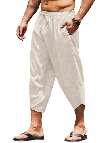 41qLTTaY5LL.jpg Men's Linen Harem Capri Pants Lightweight Loose 3/4 Shorts Drawstring Elastic Waist Casual Beach Boho Yoga Trousers