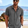 41qM0qtDJxL.jpg Men's Linen Shirts Short Sleeve Casual Shirts Button Down Shirt for Men Beach Summer Wedding Shirt