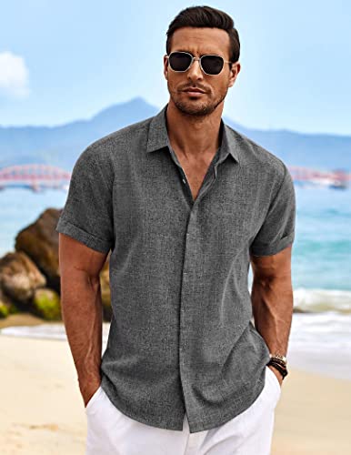 41qM0qtDJxL.jpg Men's Linen Shirts Short Sleeve Casual Shirts Button Down Shirt for Men Beach Summer Wedding Shirt